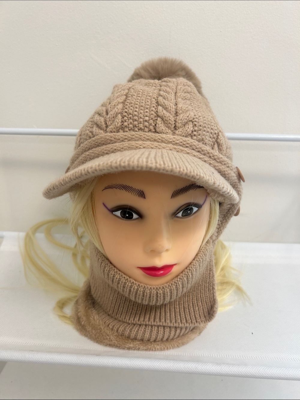 SHEIN Beige Cable Knit Pom Pom Visor Hat with Matching Neck Warmer